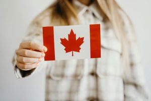 Hand holding a small Canadian flag, symbolizing patriotism and national pride, Toronto location.